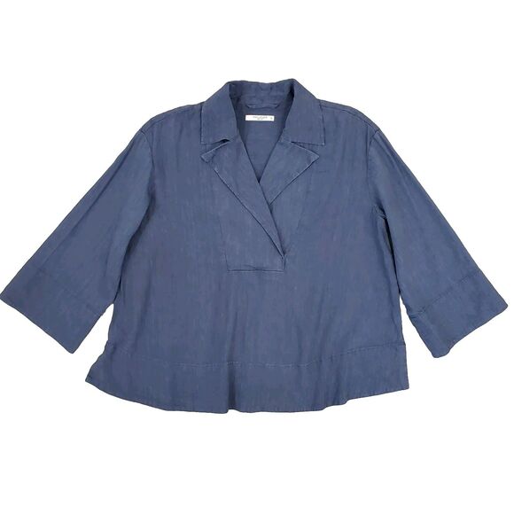 MM.Lafleur Linen Blend Collared Top XS Blue Stretch 3/4 Sleeve Nautical Preppy - Picture 1 of 10